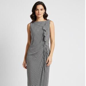 Ann Taylor Women's Black and White Stripped Bodycon Dress Size Medium Ruffle